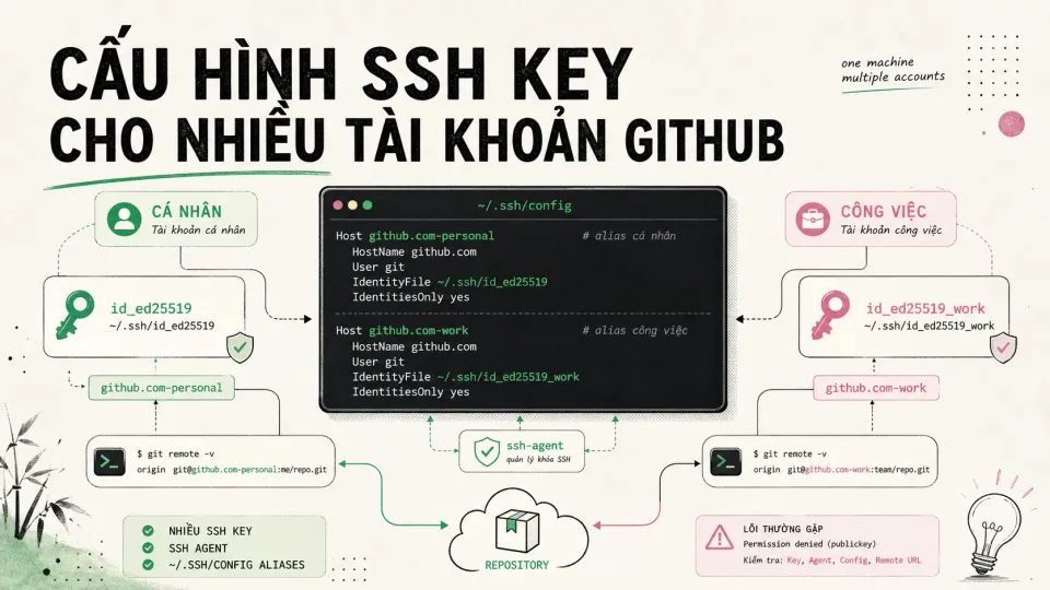 Cấu hình SSH key cho nhiều tài khoản GitHub — minh hoạ ~/.ssh/config, SSH key personal và side project