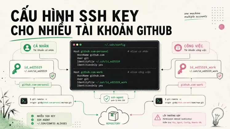 Cấu hình SSH key cho nhiều tài khoản GitHub — minh hoạ ~/.ssh/config, SSH key personal và work
